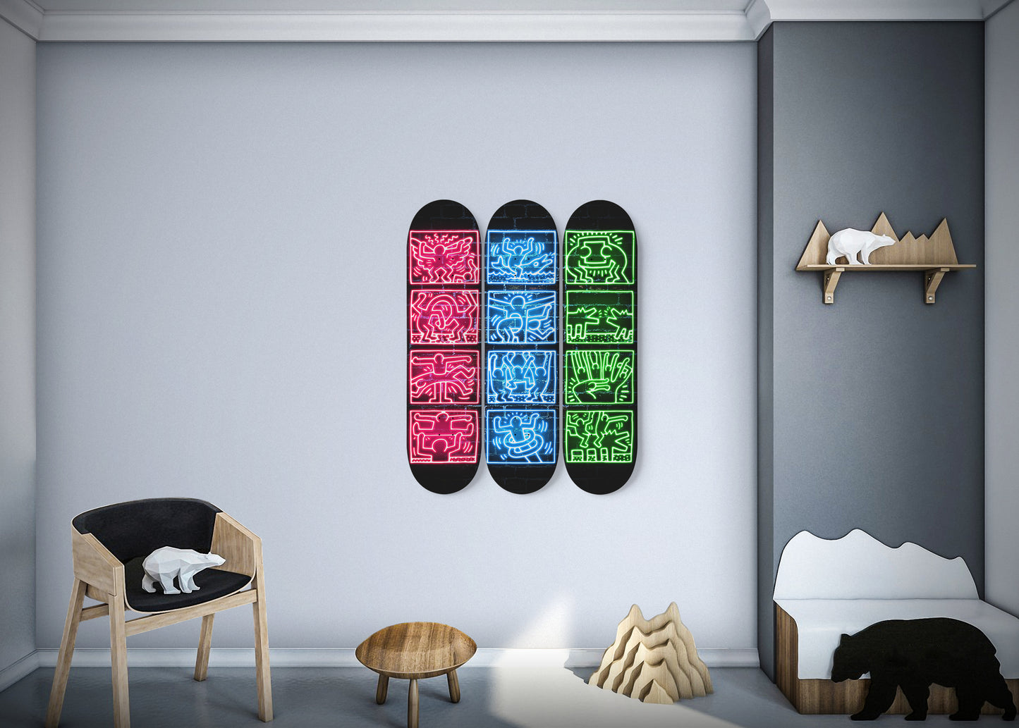 Keith Haring - 1989 Retrospect in Neon Style -3 Piece Skateboard Wall Art