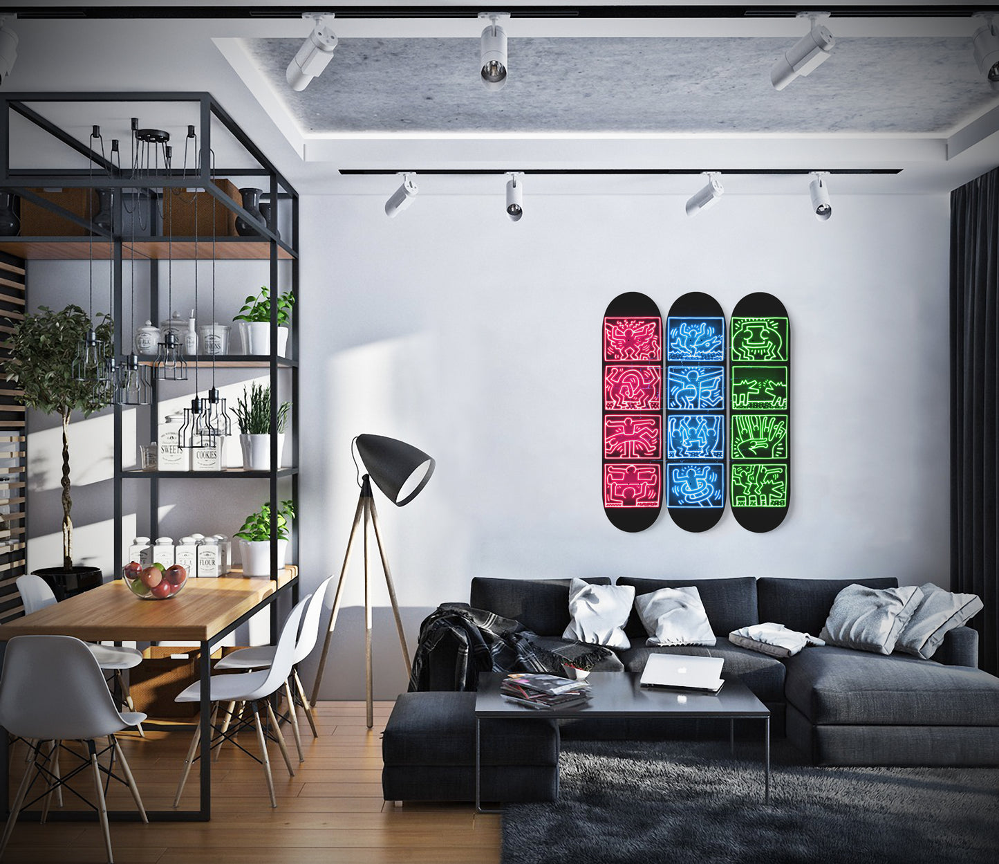 Keith Haring - 1989 Retrospect in Neon Style -3 Piece Skateboard Wall Art