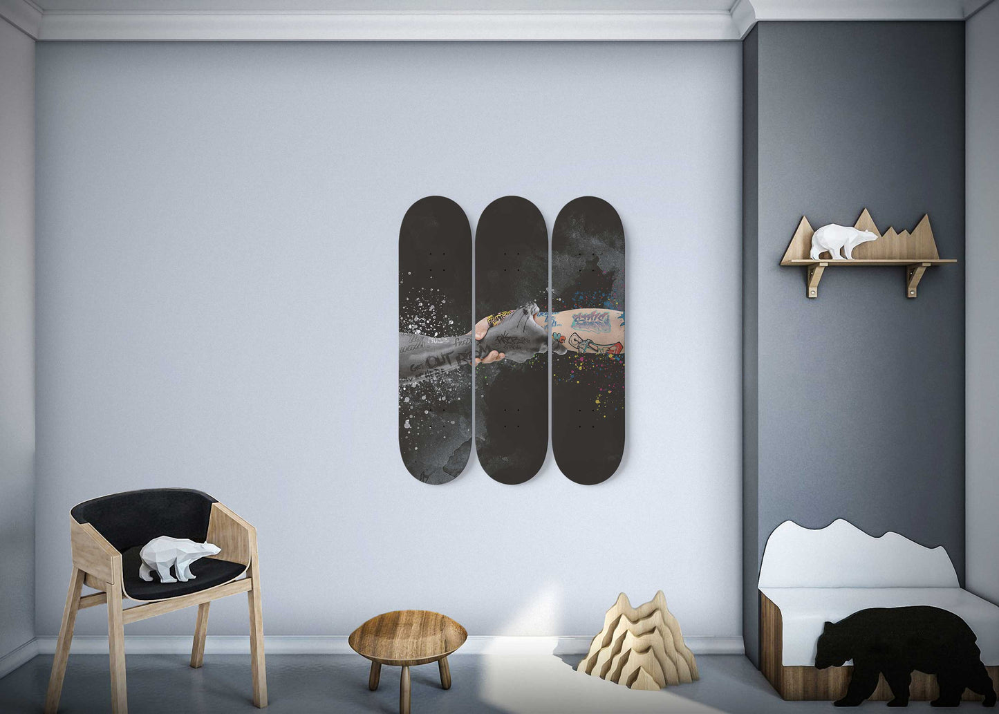 Banksy Peace Hands Graffiti Skateboard Wall Art Unity Hands Print Pro-Grade Maple Wood Wall Hanging Living Room Decor