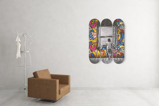 Banksy Lady In The Window Edge Wall Art Print | 3 - Piece Skateboard Art, Living Room Wall Decor, New Home Gift