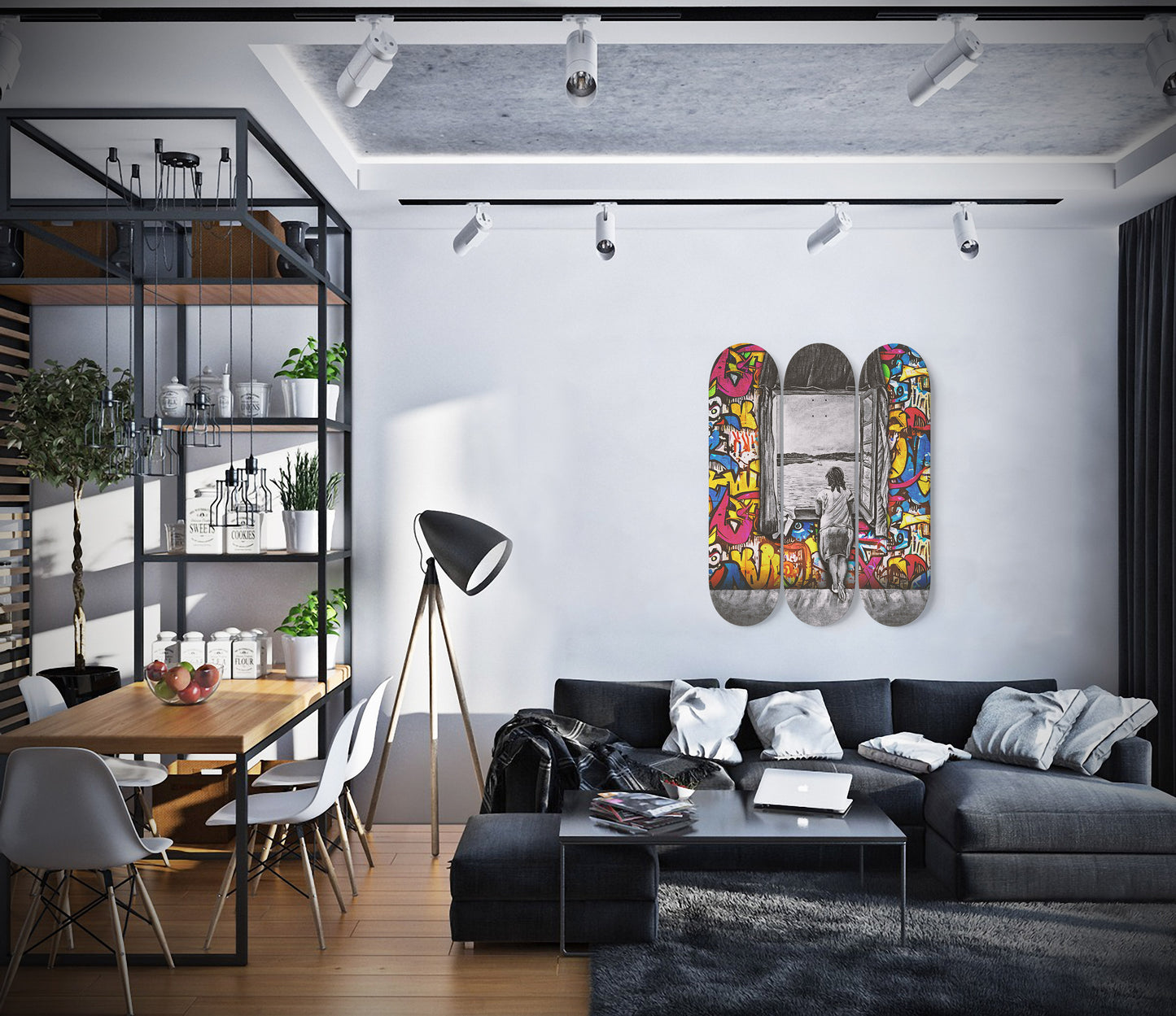 Banksy Lady In The Window Edge Wall Art Print | 3 - Piece Skateboard Art, Living Room Wall Decor, New Home Gift