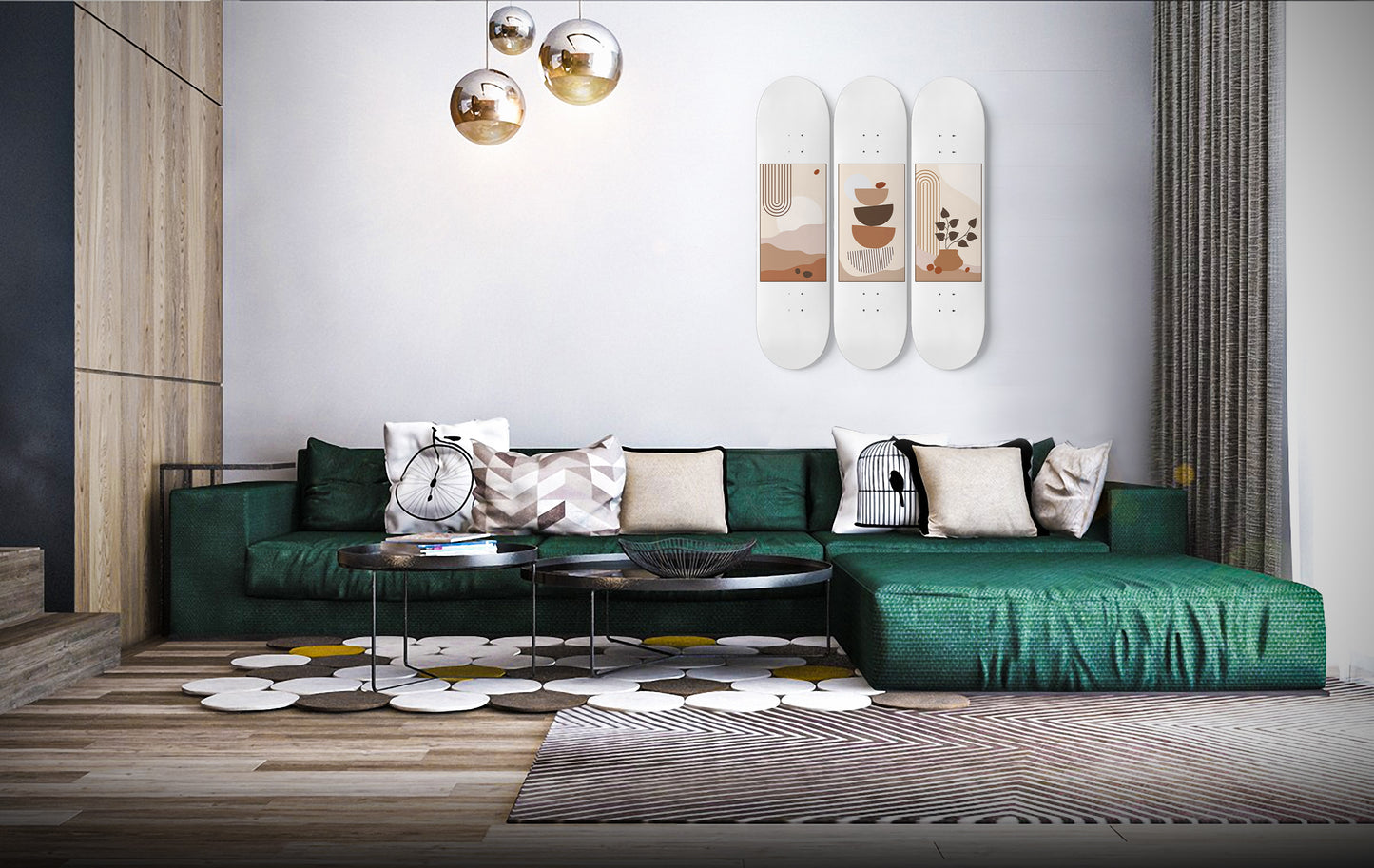 Terracotta Modern Mid Century Boho Wall Art | 3 - Piece Skateboard Wall Art, Boho Print Wall Hanging Art Living Room Decor