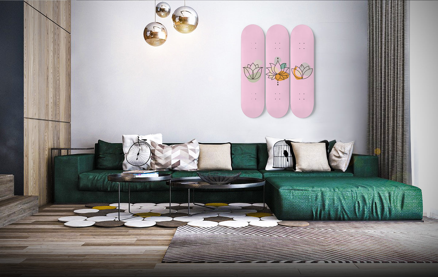 Terracotta Pink Floral Art Print | 3 - Piece Skateboard Wall Art, Boho Print Wall HAnging Art, Aesthetic Print For Home Decor