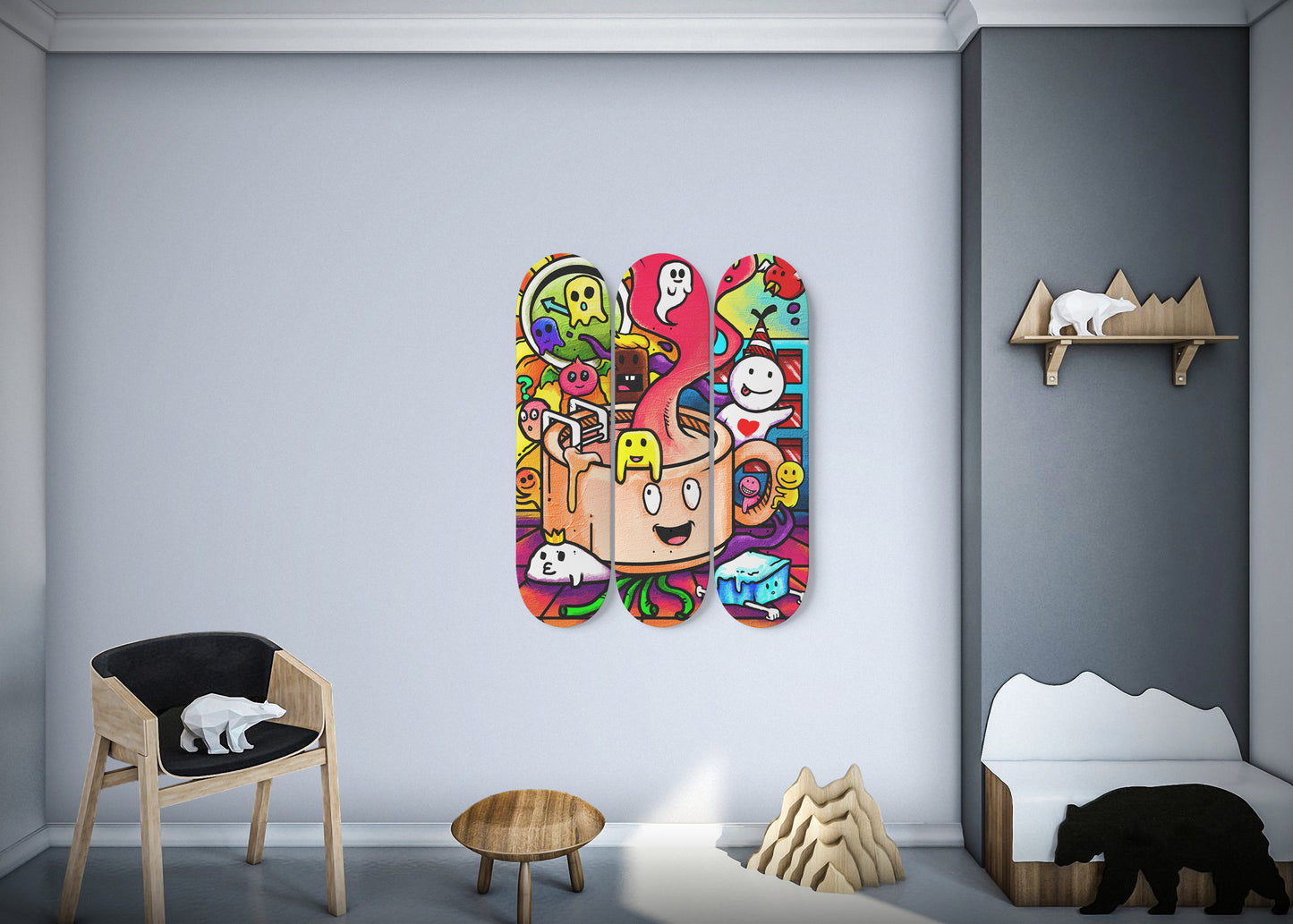 Coffee Thoughts Doodle - 3 Piece Skateboard Wall Art