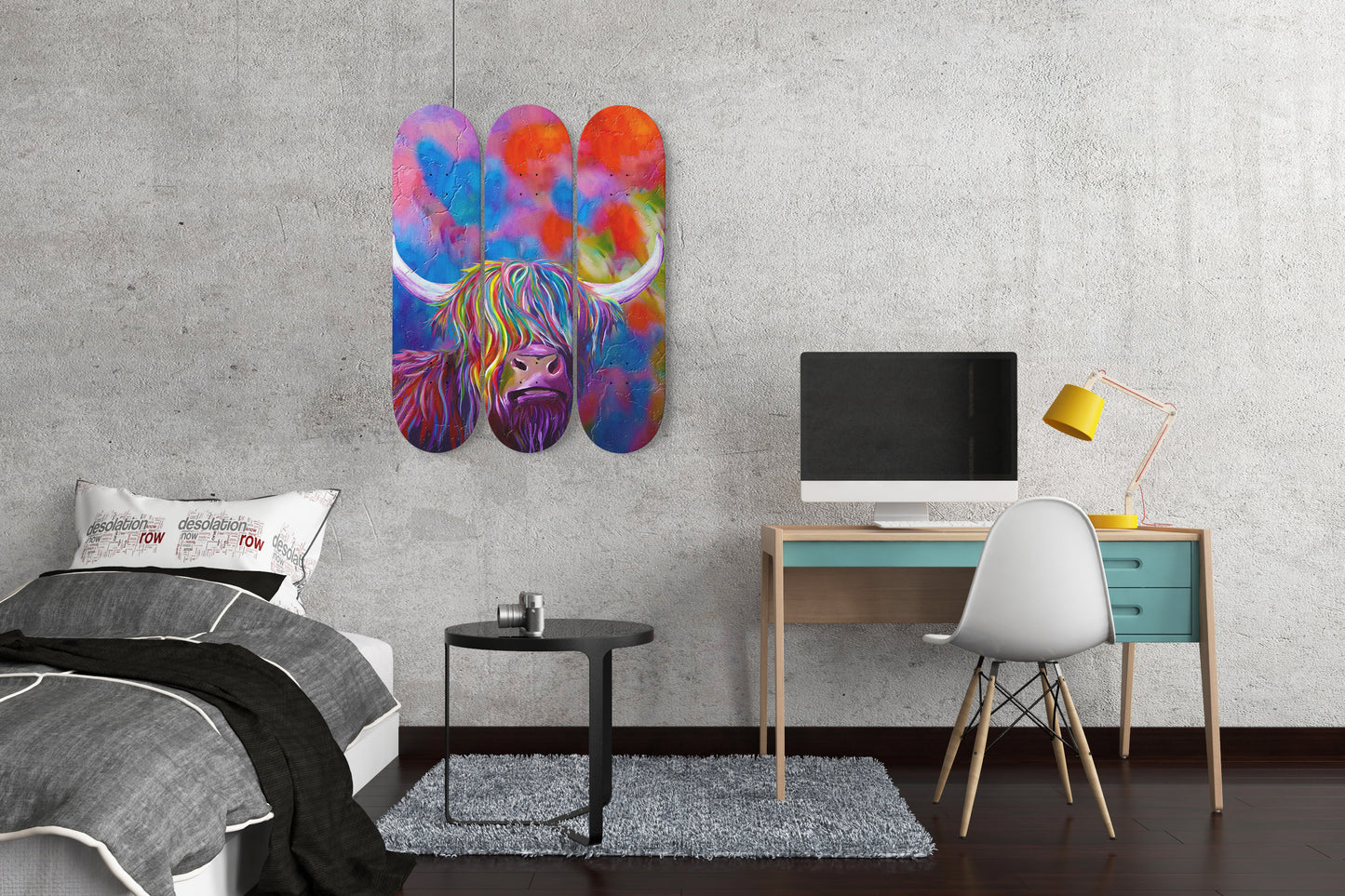 Gorgeous Colourful Highland Cow Face Wall Art | 3 - Piece Skateboard Wall Art, Highland Cow Print, Retro Wall Hanging Art