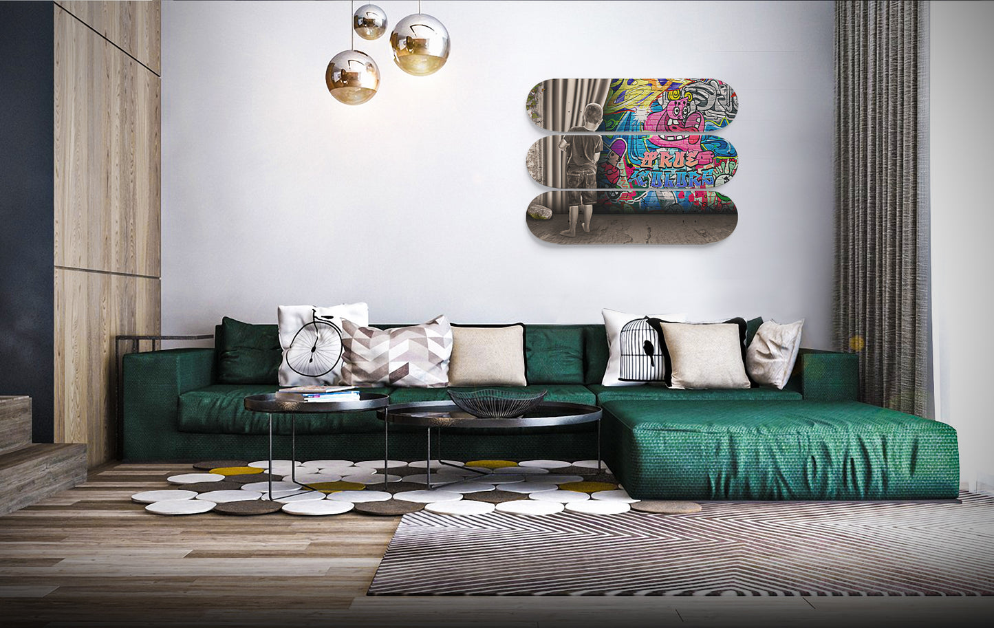 The Boy Looking Behind The Curtain | 3 - Piece Skateboard Wall Art, Banksy Behind The Curtain, Martin Watson Wall Decor