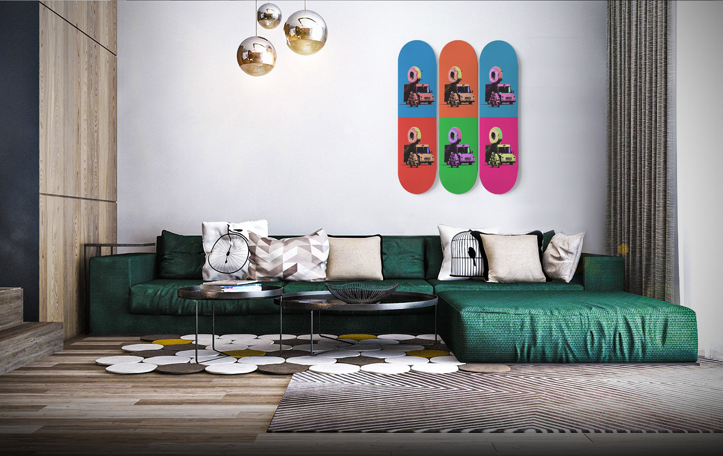 Colorful Banksy Donut Truck Print | 3 - Piece Skateboard Art, Banksy Wall Art, Home/Office Skate Deck Art