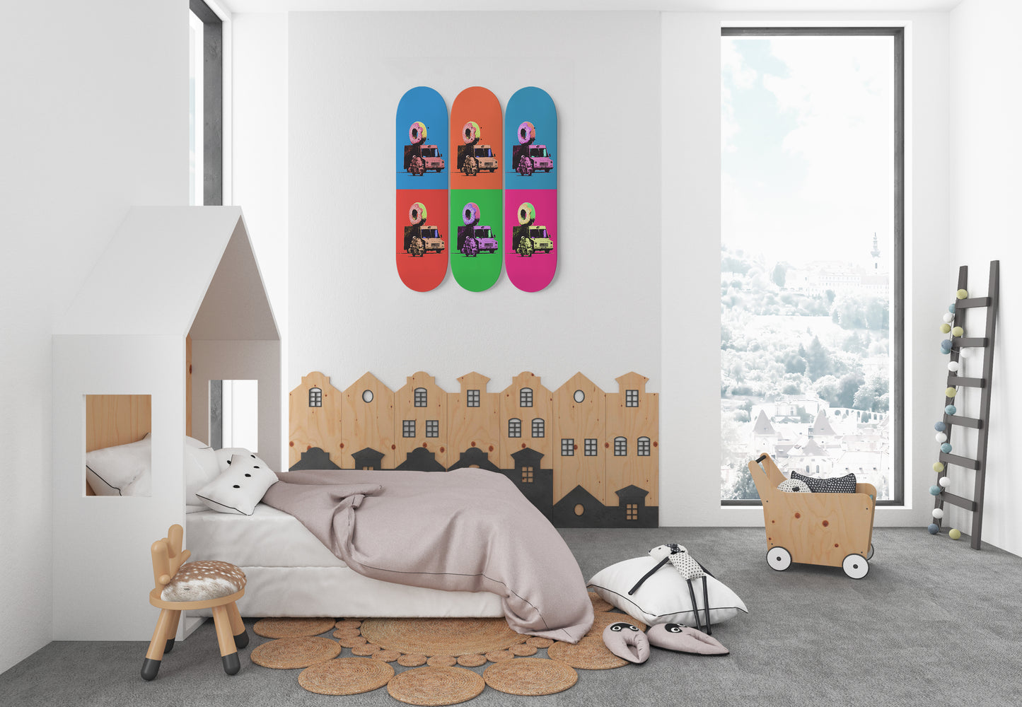Colorful Banksy Donut Truck Print | 3 - Piece Skateboard Art, Banksy Wall Art, Home/Office Skate Deck Art