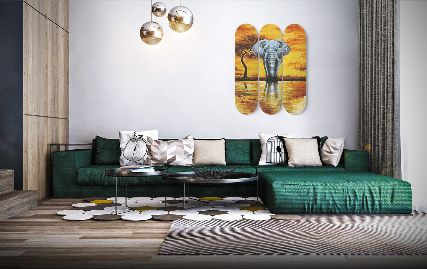 African Elephant Sunset Wall Print | 3 - Set Skateboard Wall Art, Pro - Grade Maple Wood, Living/Dining Room Wall Decor