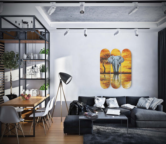 African Elephant Sunset Wall Print | 3 - Set Skateboard Wall Art, Pro - Grade Maple Wood, Living/Dining Room Wall Decor