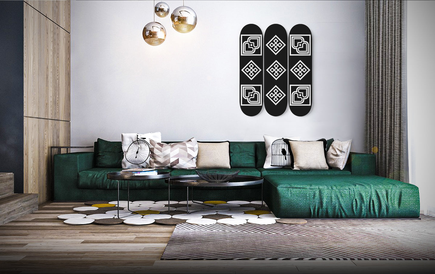 Hmong Ethnic - Embroidery Patterns Inspired Black & White Edition - 3 Piece Skateboard Wall Art
