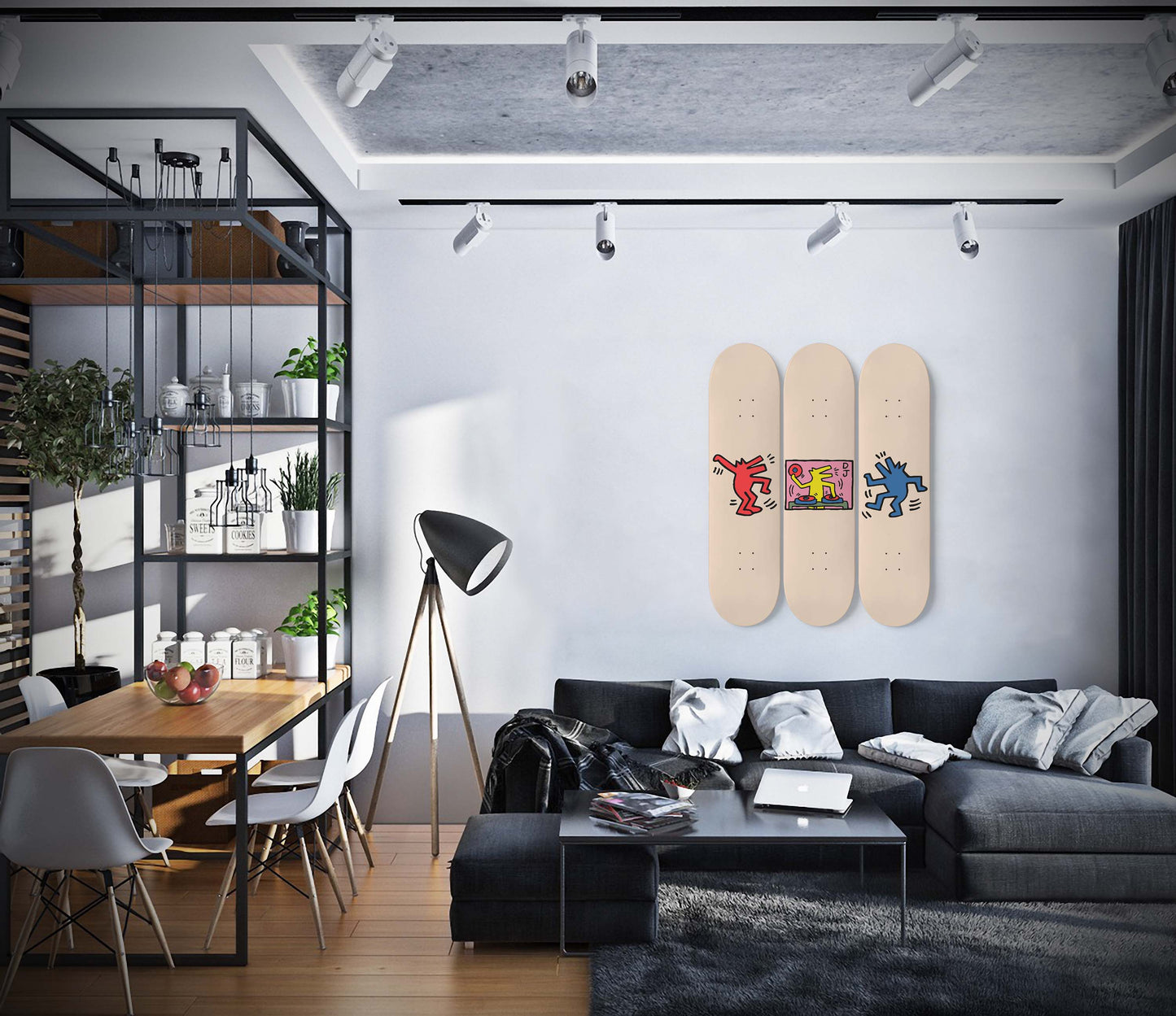 Keith Haring Dog Inspired Print | 3 - Set Skateboard Wall Art, DJ And Dancing Dog Keith Haring Art Skate Deck Art Wall Decor