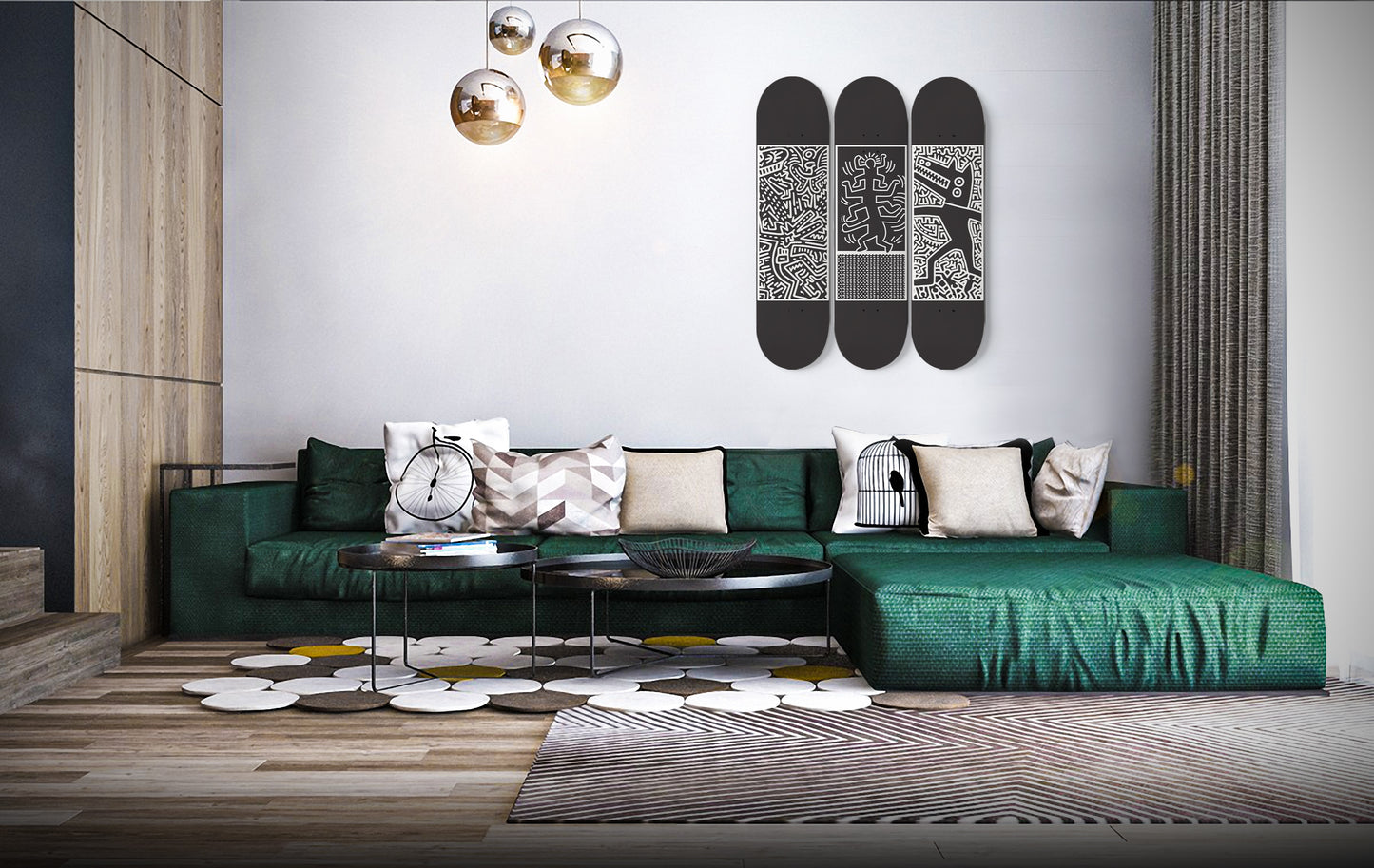 Keith Haring Black And White Edition Retrospect Art | 3- Set Skateboard Wall Art, Maple Wood Mount Wall Hanging, Living Room Decor