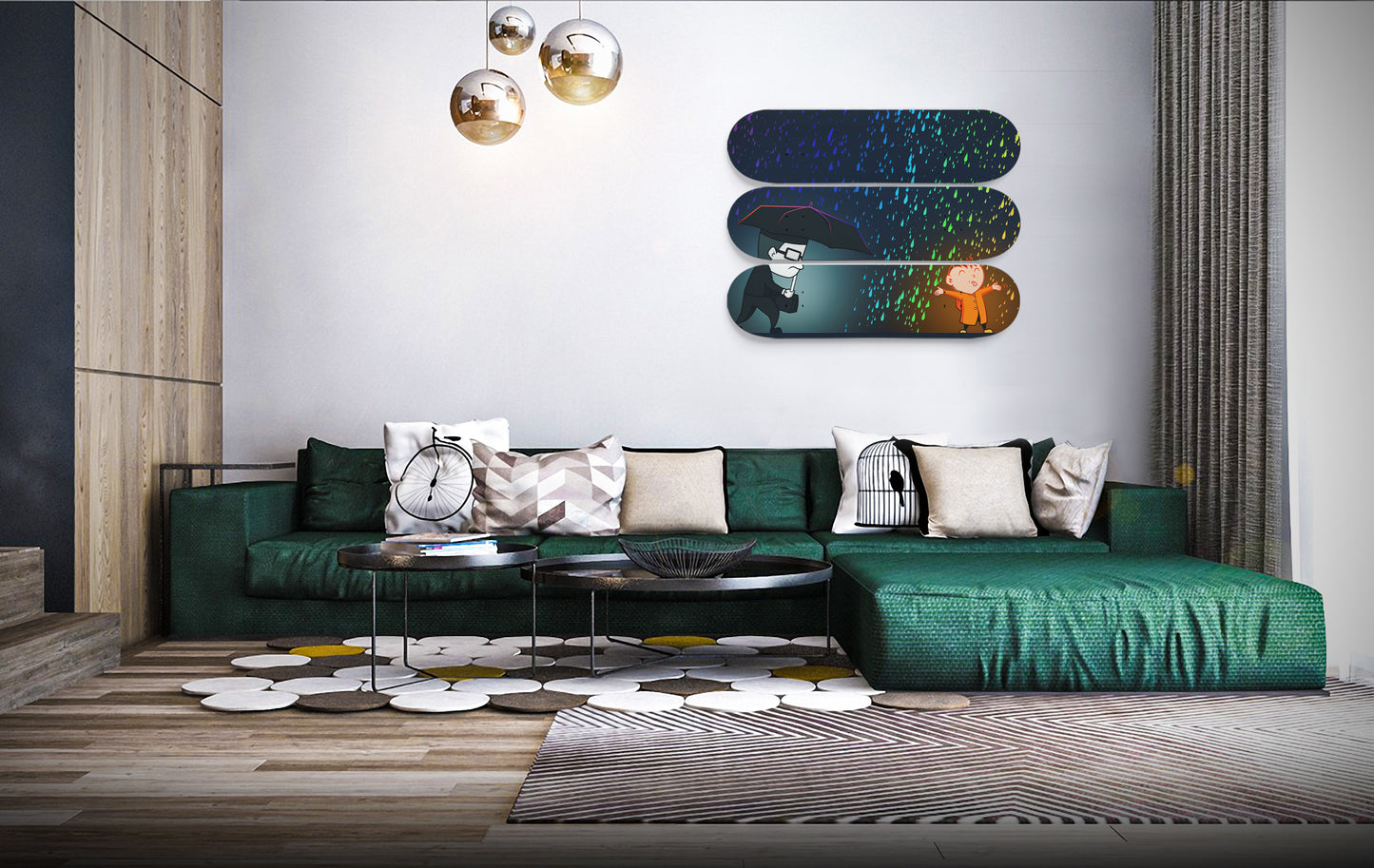 Banksy - Rainbow Rain | 3 - Set Skateboard Wall Art, Banksy Style Skate Deck Wall Hanging -  Office Decor