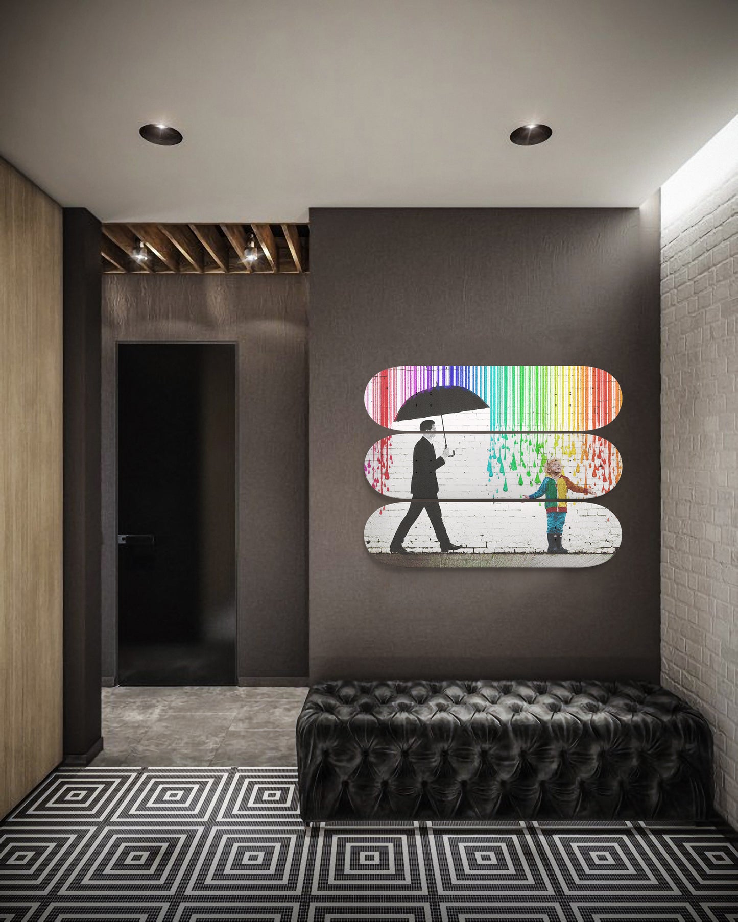 Banksy Rainbow Rain Style Wall Art | Banksy Wall Decor Color Rain Art Pop Art - Maple Wood Skateboards - Home Decor - Office Decor