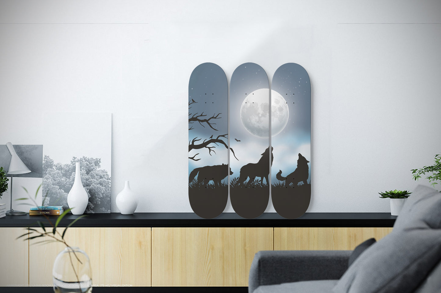 Wolves Howling at Night - 3 piece - Skateboard Wall Art