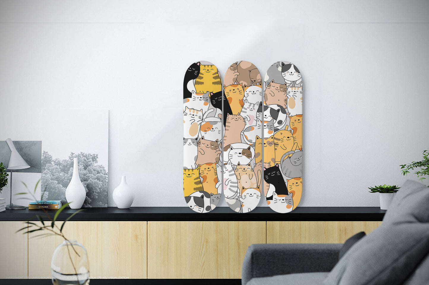 Cute Cartoon Cat Inspired - 'Kawaii kitties' - 3 piece - Skateboard Wall Art